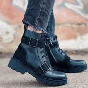 UGG Black Noe Leather Moto Lug Sole Buckled Lace-Up Combat Boots